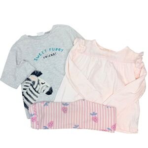 Zara Baby Girls 3pc Bundle Zebra Shirt Pink Lace Top Strawberry Leggings 4-5Y